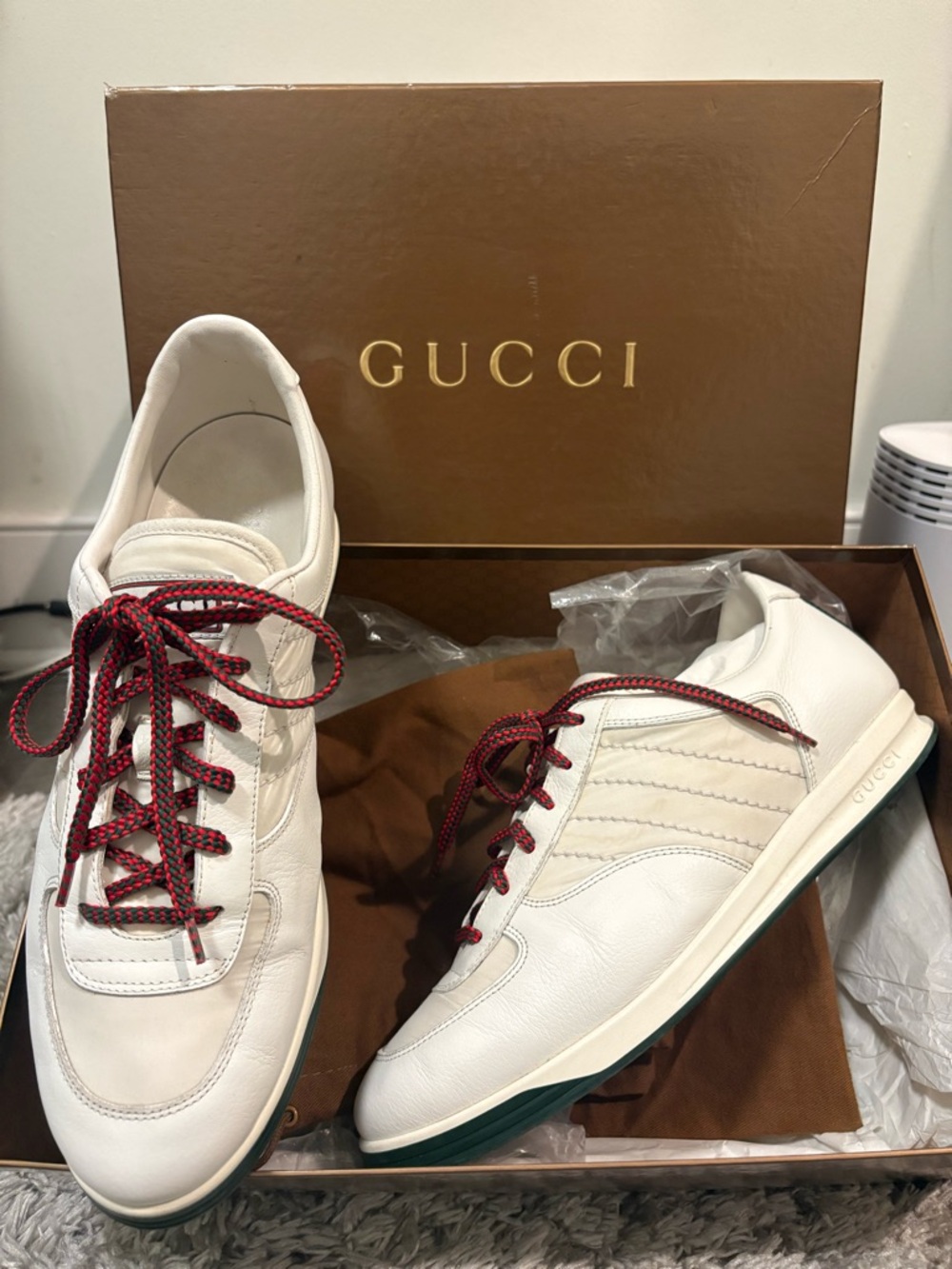 1984 Gucci White Leather Sneakers with Red and Black Laces